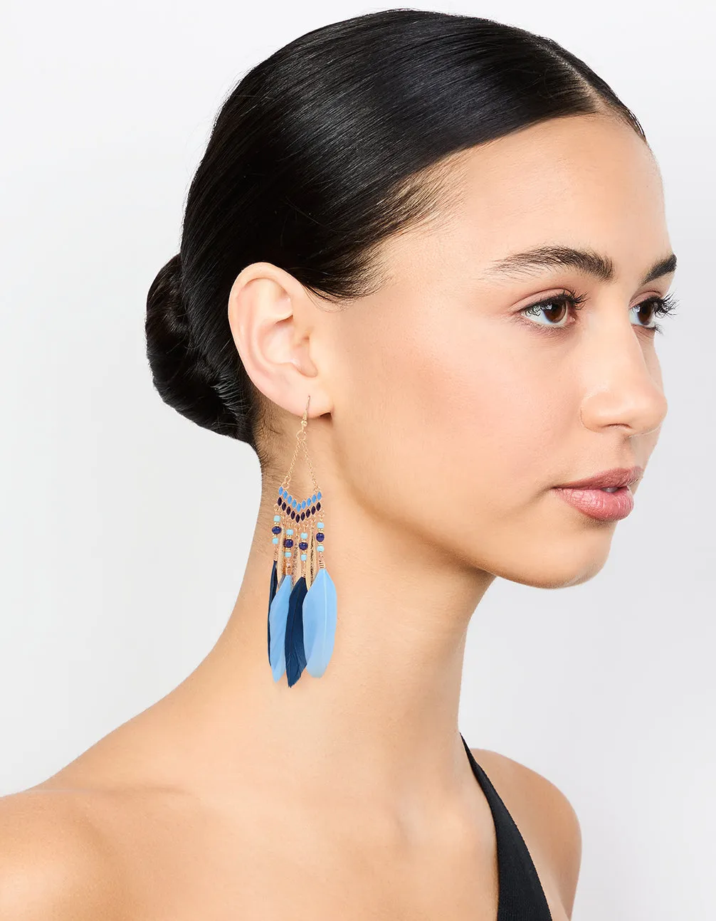 Gold Blue Feather Tassel Drop Earrings