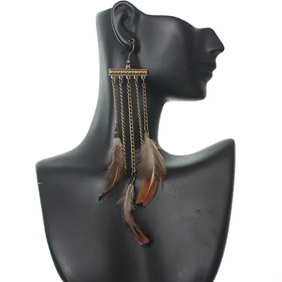 Gold Drop Chain Feather Earrings