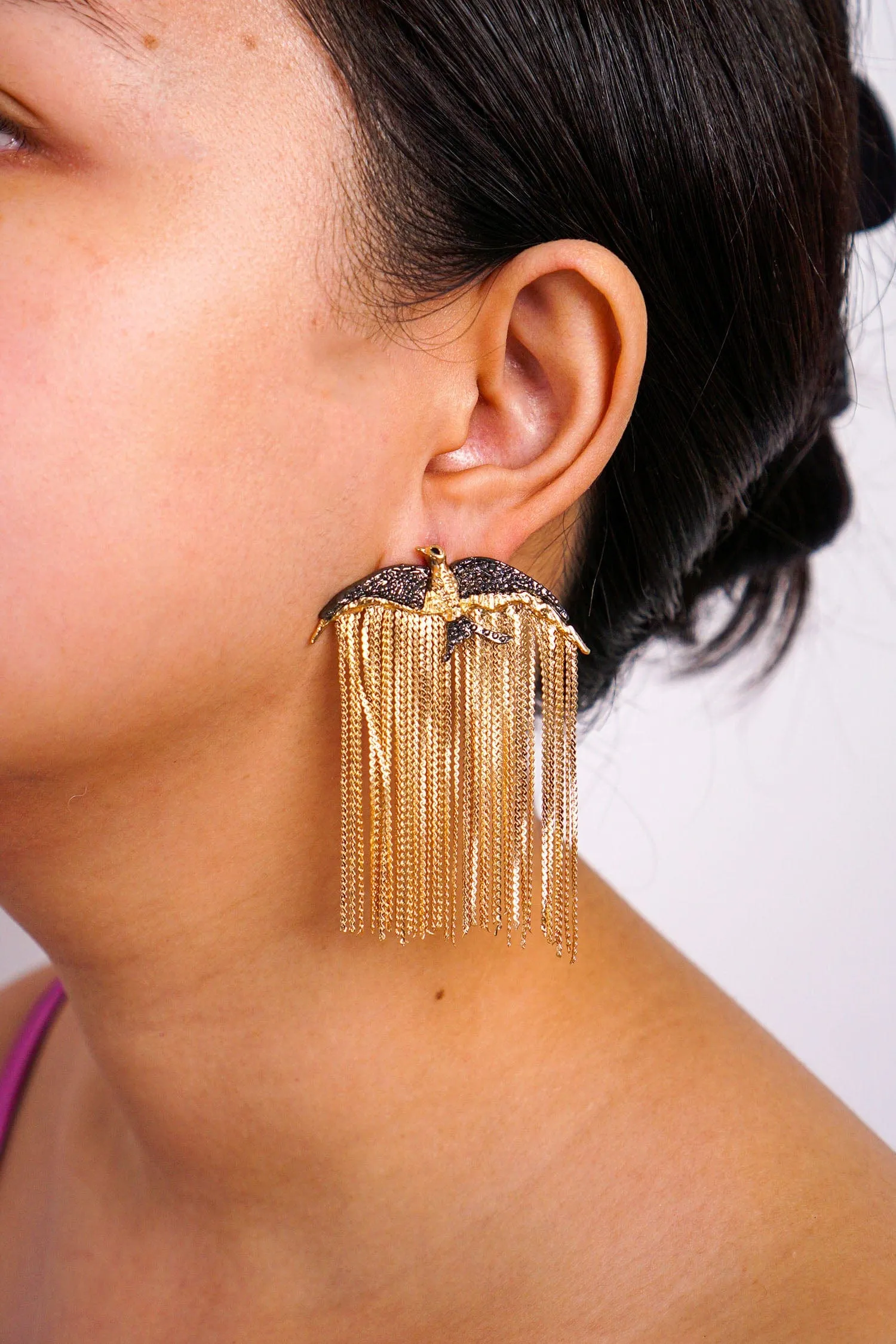 Gold Geometric Flying Bird Tassel Earrings