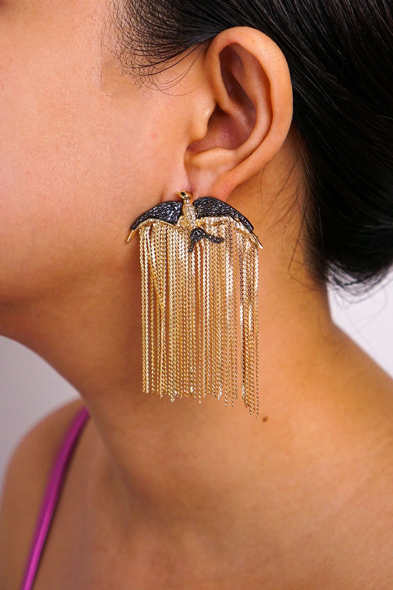 Gold Geometric Flying Bird Tassel Earrings