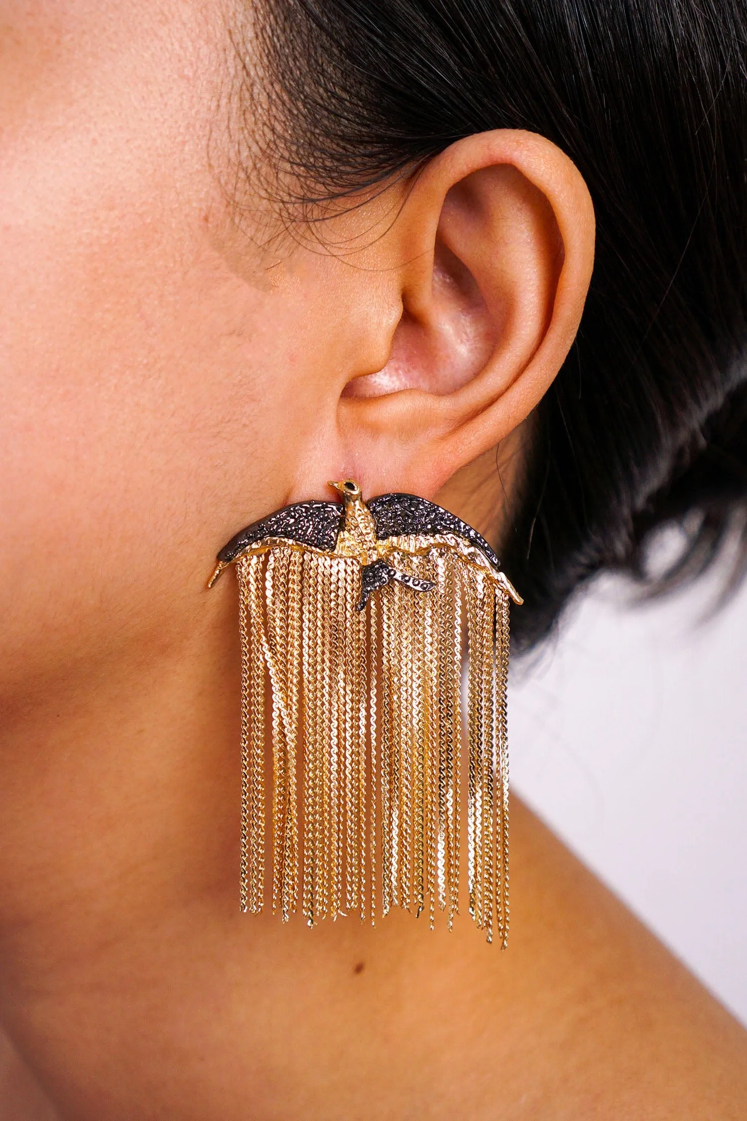 Gold Geometric Flying Bird Tassel Earrings
