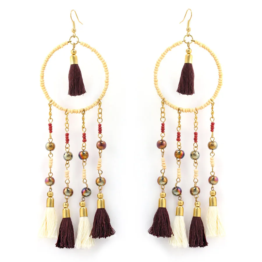 GOLD IVORY AND BROWN BEAD TASSEL EARRING  #KBI-ER-K7438-BRN (RG5)