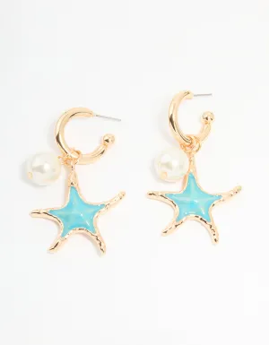Gold Pearl & Blue Starfish Charm Huggie Earrings