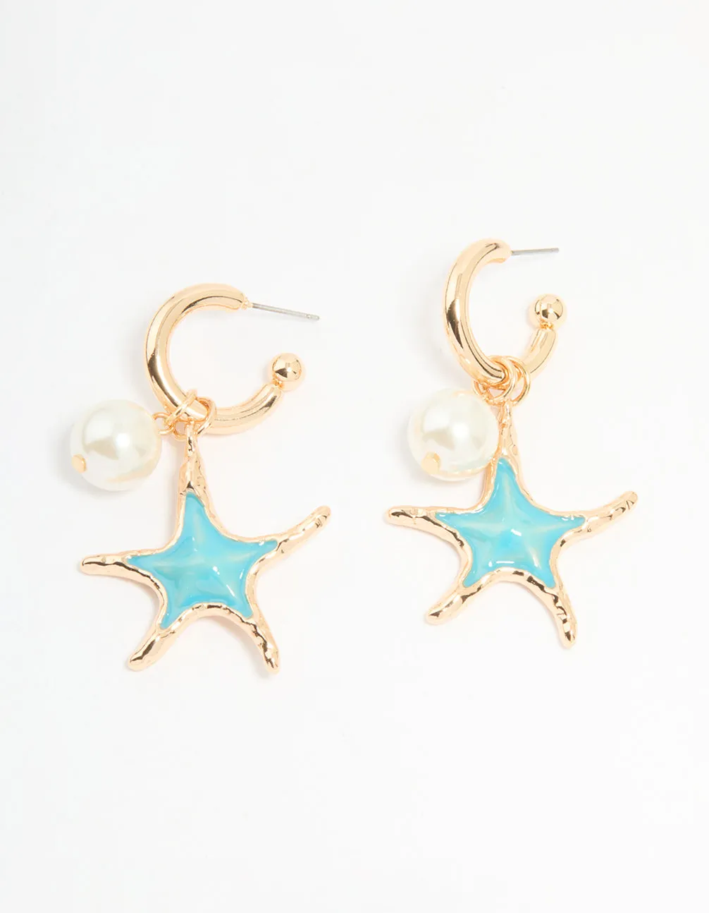 Gold Pearl & Blue Starfish Charm Huggie Earrings