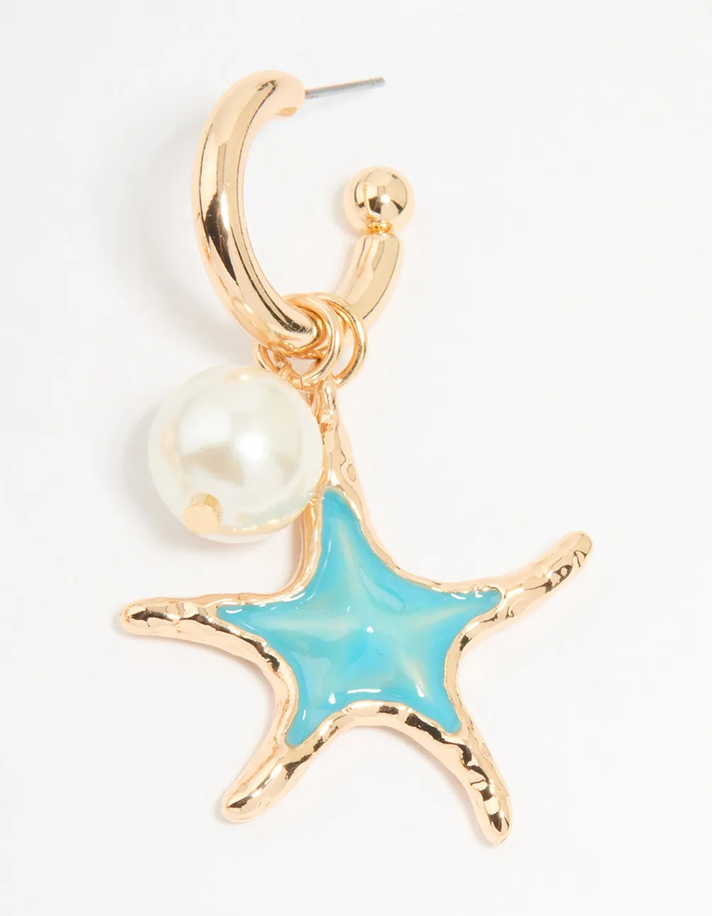 Gold Pearl & Blue Starfish Charm Huggie Earrings