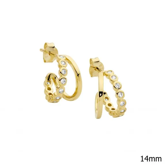 Gold Plated Sterling Silver Double Hoop Earrings with Cubic Zirconia 14mm E586G