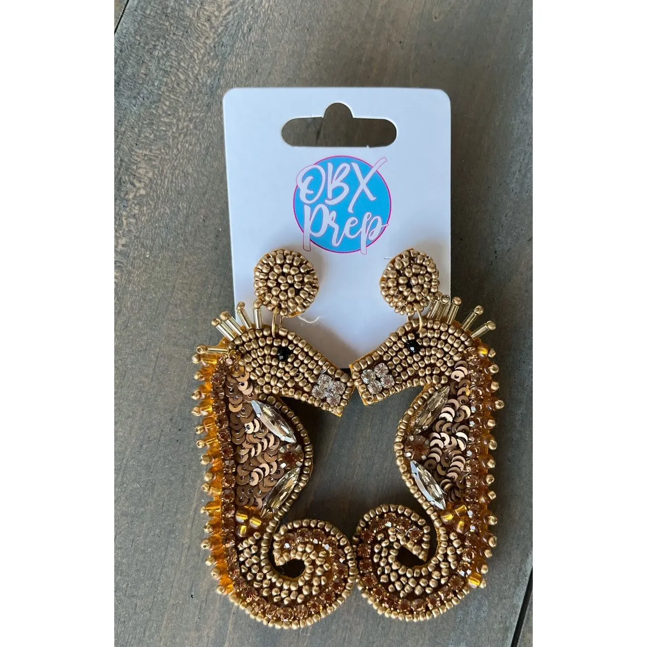 Gold Seahorse Seed Beaded Dangle Earrings S