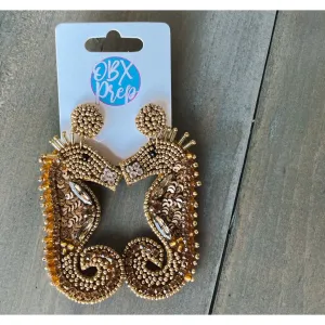 Gold Seahorse Seed Beaded Dangle Earrings S