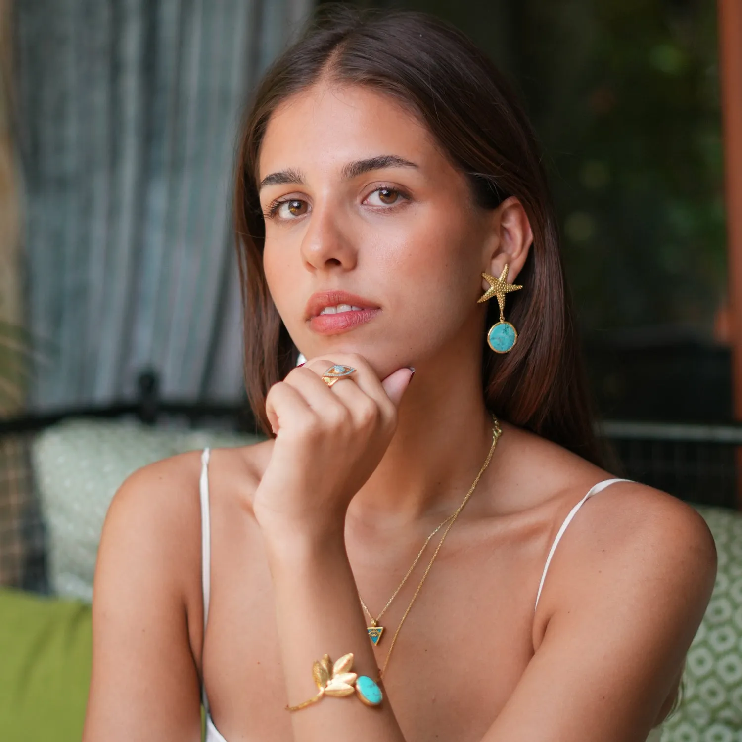 Gold Starfish Stud & Turquoise Stone Dangle Earrings