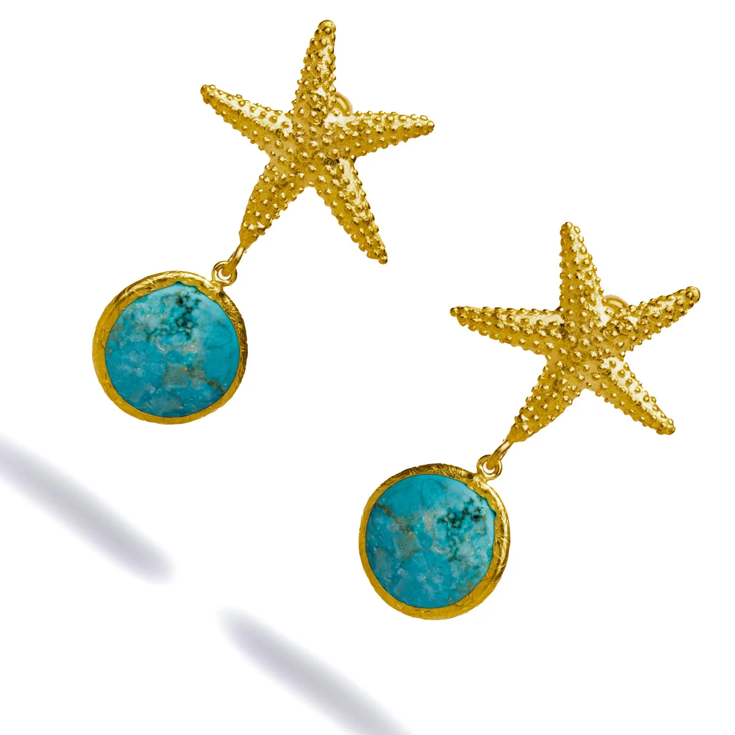 Gold Starfish Stud & Turquoise Stone Dangle Earrings