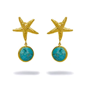 Gold Starfish Stud & Turquoise Stone Dangle Earrings