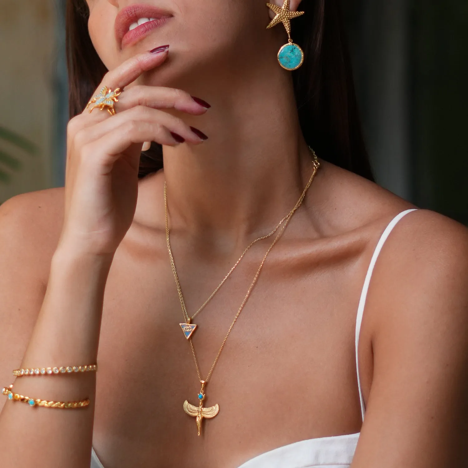 Gold Starfish Stud & Turquoise Stone Dangle Earrings
