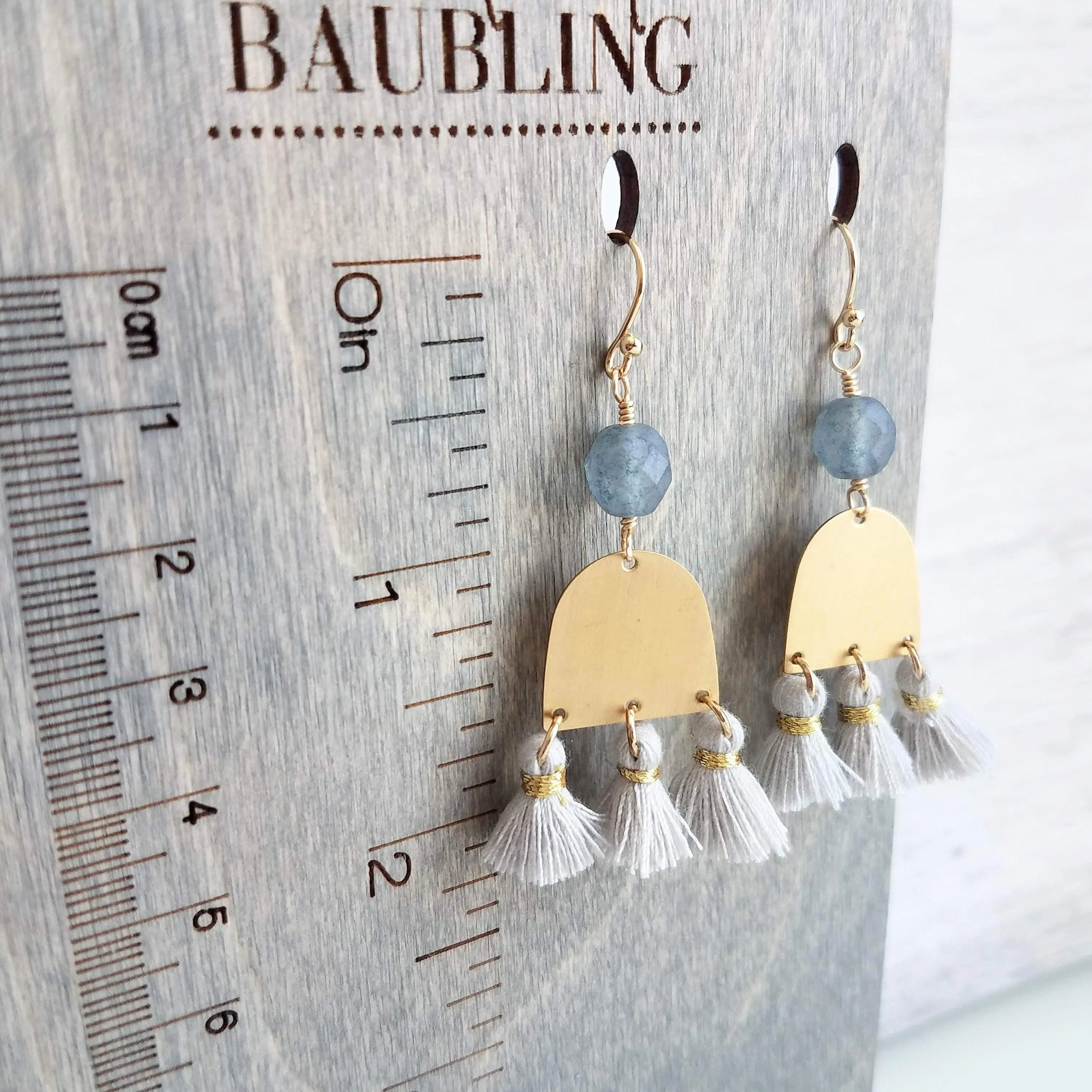 Gold Tassel Earrings, boho earring, grey tassel, small gold dangle, tiny tassel, brass semicircle, smoky blue gray bead, faceted glass bead