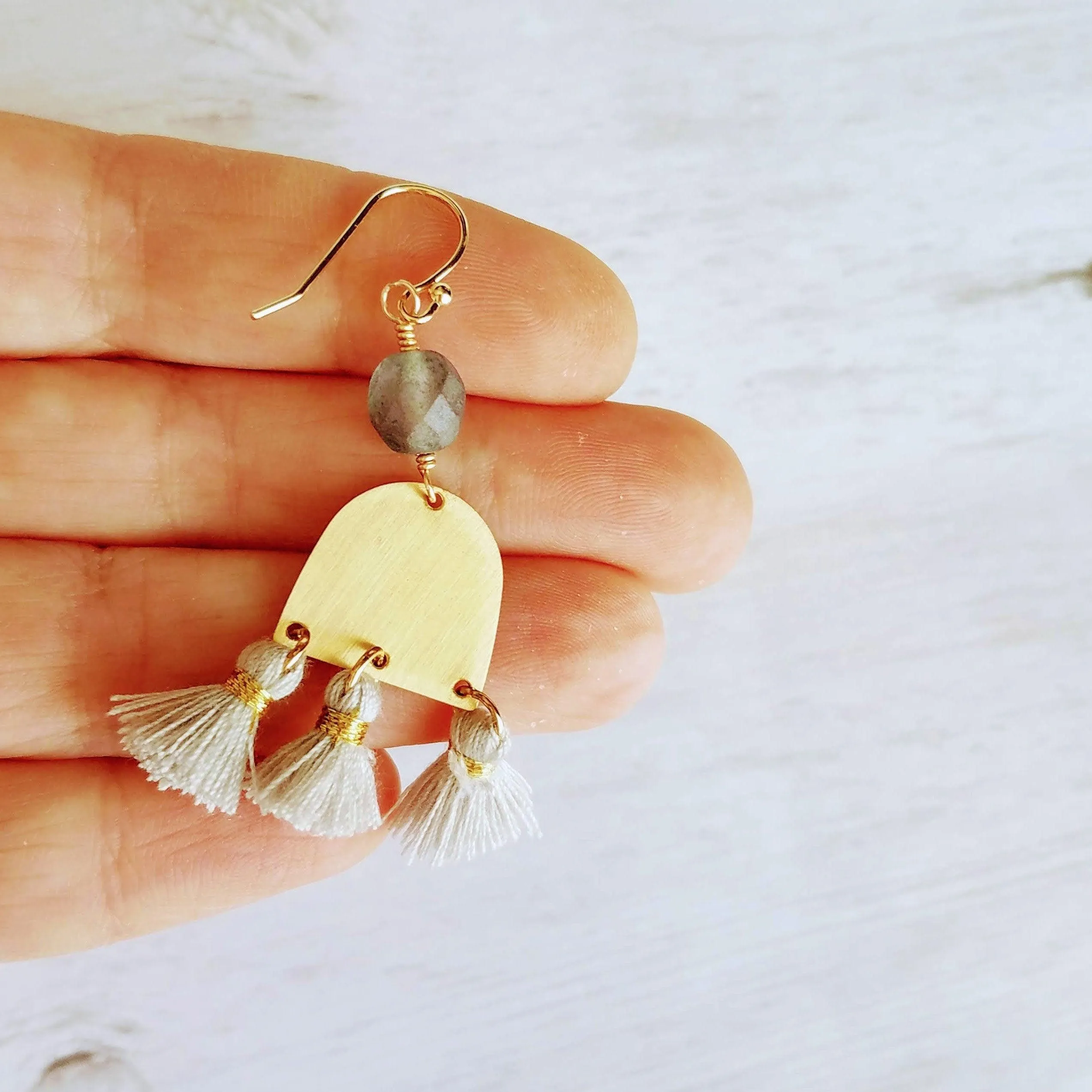 Gold Tassel Earrings, boho earring, grey tassel, small gold dangle, tiny tassel, brass semicircle, smoky blue gray bead, faceted glass bead