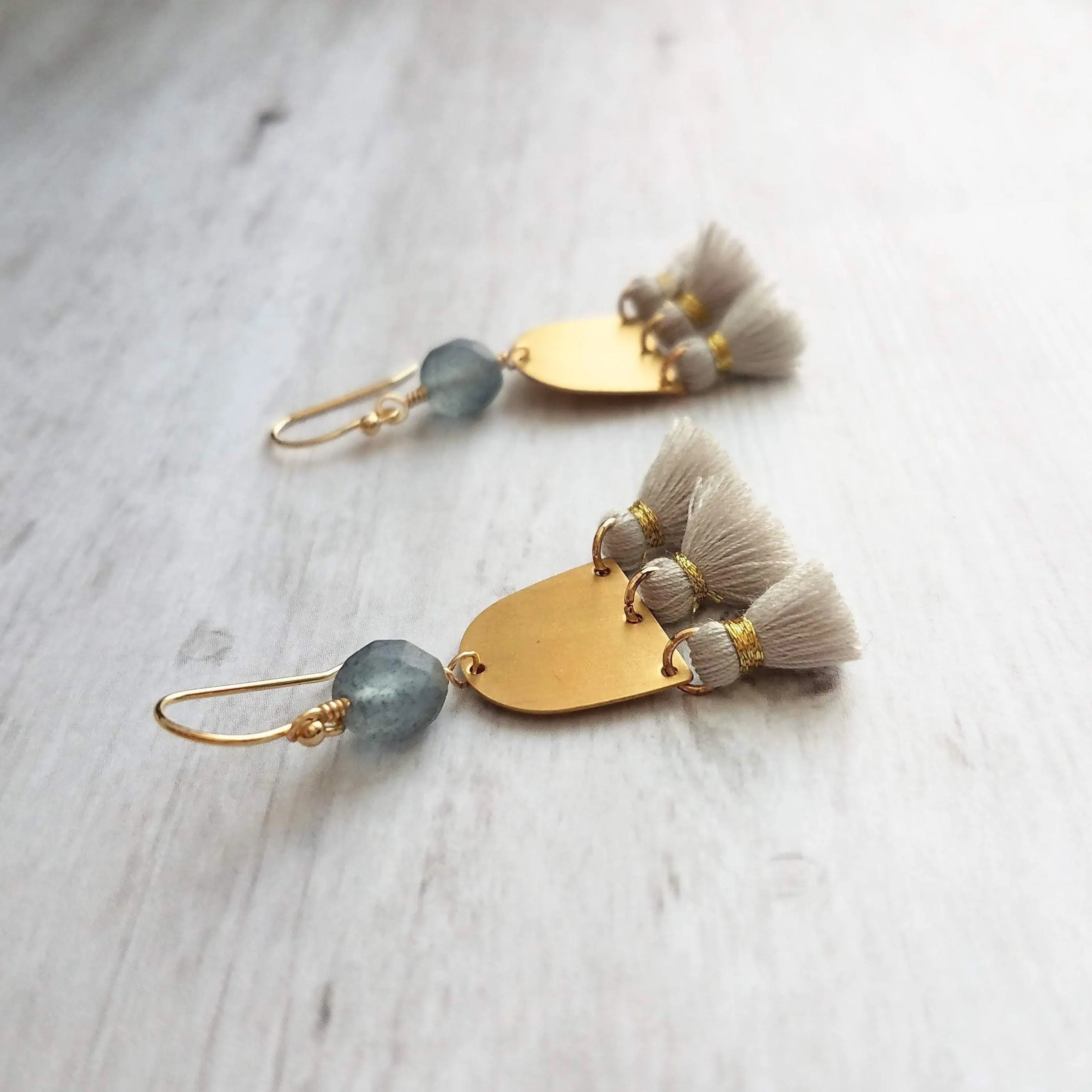 Gold Tassel Earrings, boho earring, grey tassel, small gold dangle, tiny tassel, brass semicircle, smoky blue gray bead, faceted glass bead
