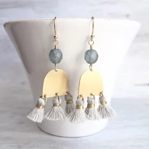 Gold Tassel Earrings, boho earring, grey tassel, small gold dangle, tiny tassel, brass semicircle, smoky blue gray bead, faceted glass bead
