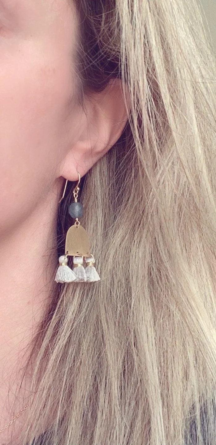 Gold Tassel Earrings, boho earring, grey tassel, small gold dangle, tiny tassel, brass semicircle, smoky blue gray bead, faceted glass bead