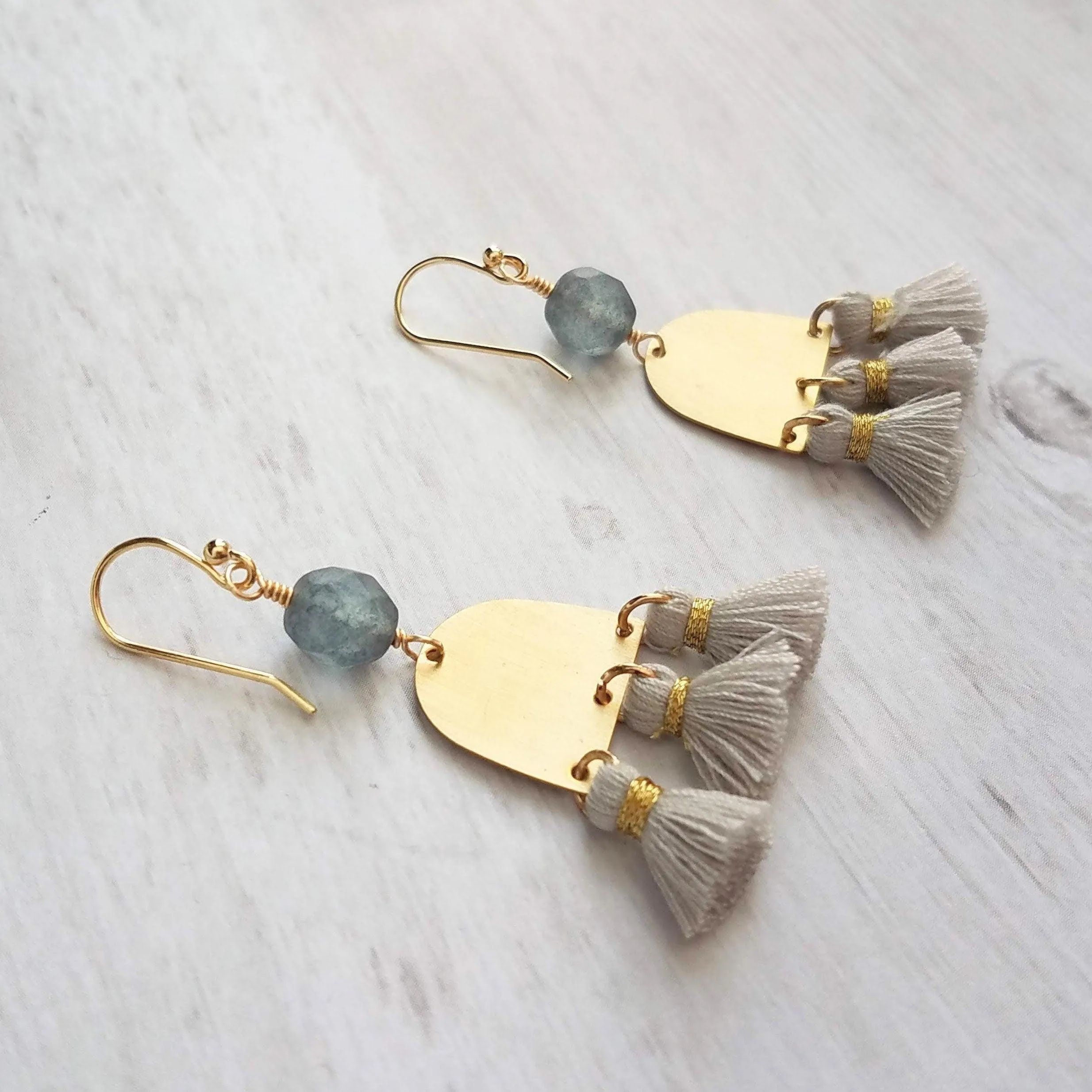 Gold Tassel Earrings, boho earring, grey tassel, small gold dangle, tiny tassel, brass semicircle, smoky blue gray bead, faceted glass bead