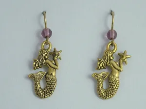 Gold Tone Pewter & 14k GF Mermaid w/ starfish dangle earrings-Fantasy- siren,sea