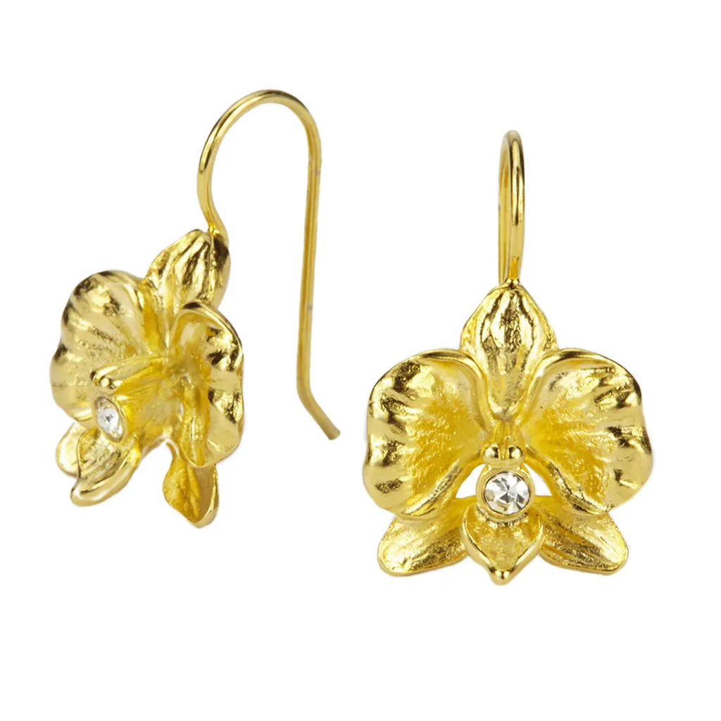 Goldtone Orchid With Crystal Drop Earrings