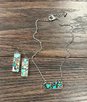 Granger Fashion Link Chain Turquoise Mix Bar Necklace & Earrings