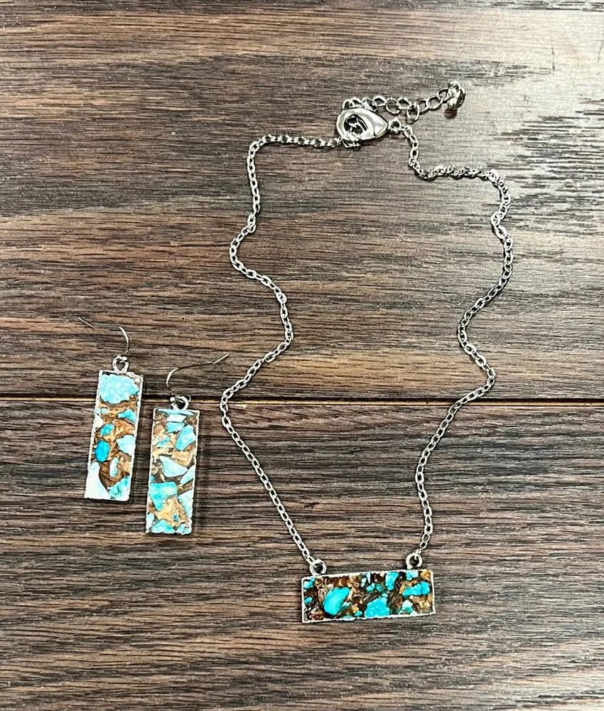 Granger Fashion Link Chain Turquoise Mix Bar Necklace & Earrings