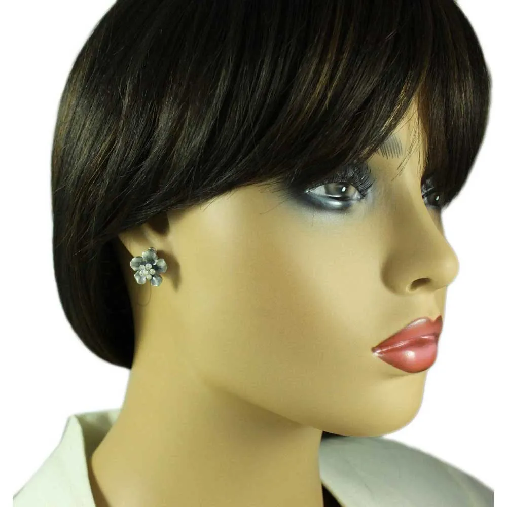 Gray and Blue Flower with Crystal Daisy Pierced Earring - PRL913E