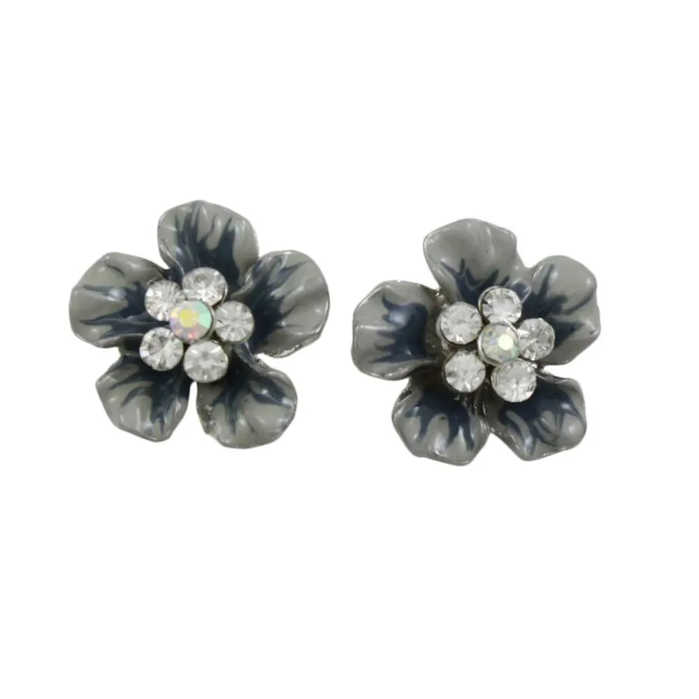 Gray and Blue Flower with Crystal Daisy Pierced Earring - PRL913E
