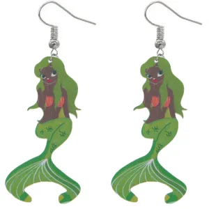 Green African American Mermaid Wooden Earrings