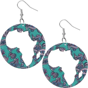 Green Blue Wooden Cutout Africa Shape Paisley Earrings