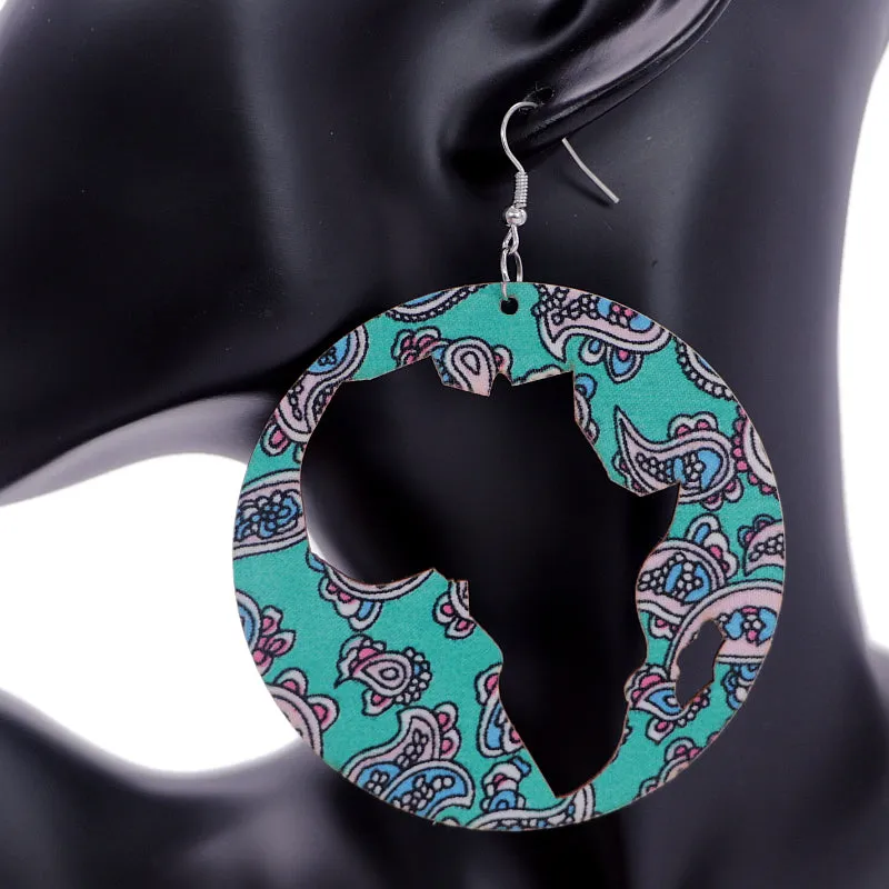 Green Blue Wooden Cutout Africa Shape Paisley Earrings