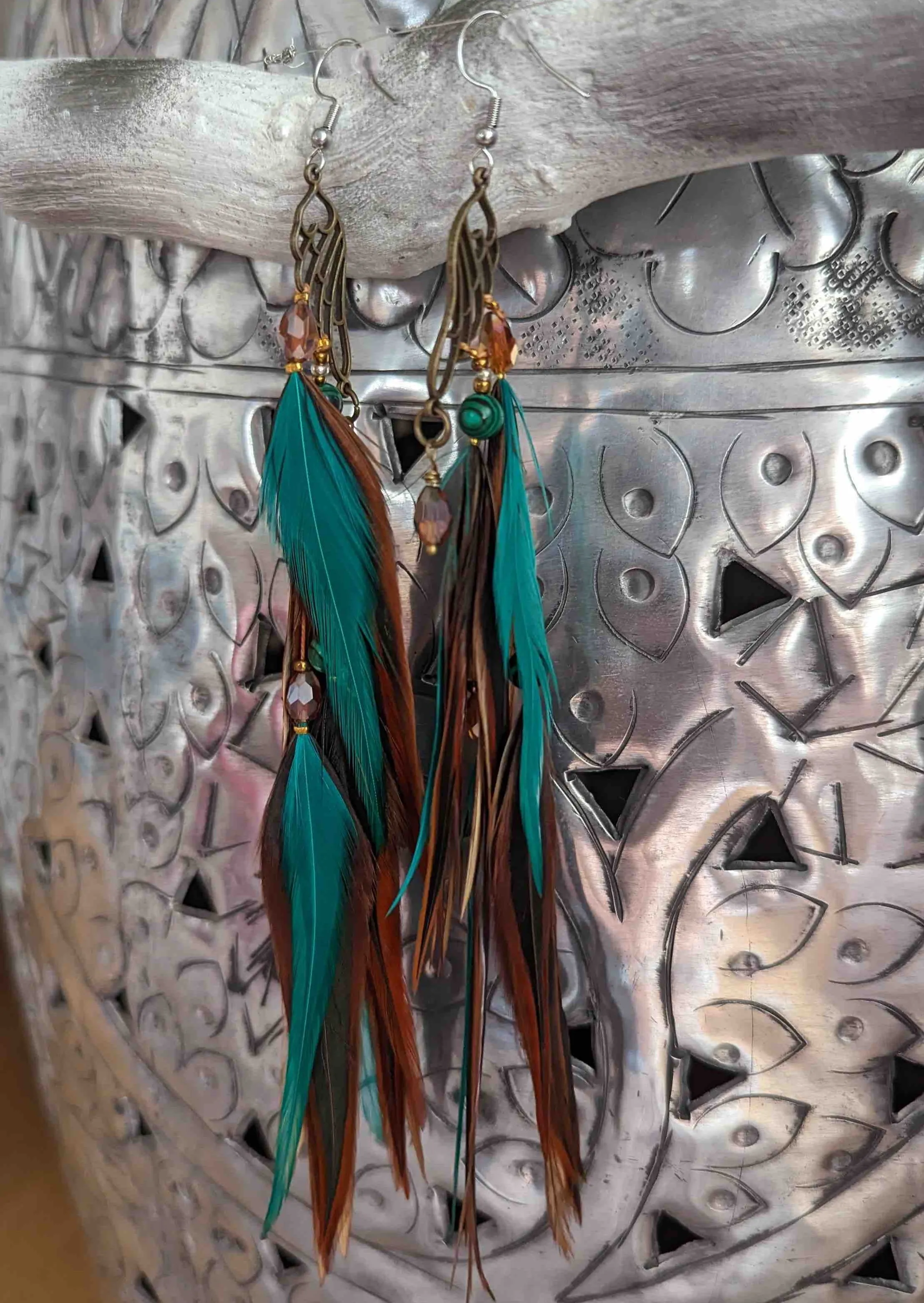 Green Brown Feather Earrings