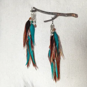 Green Brown Feather Earrings
