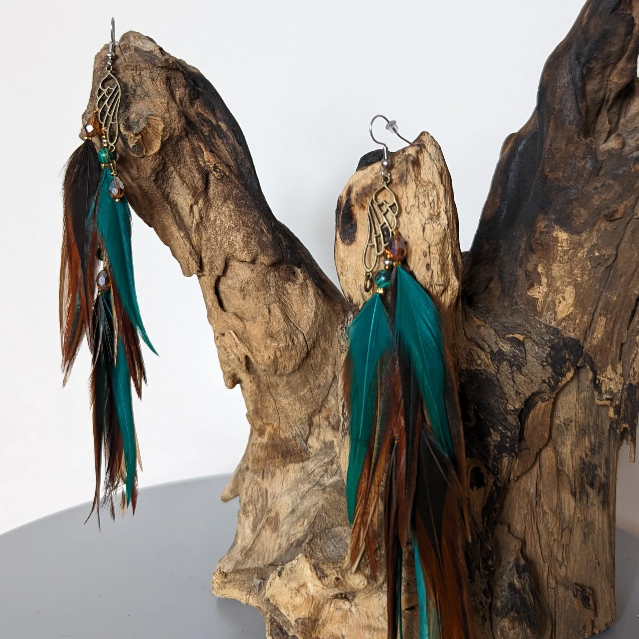 Green Brown Feather Earrings