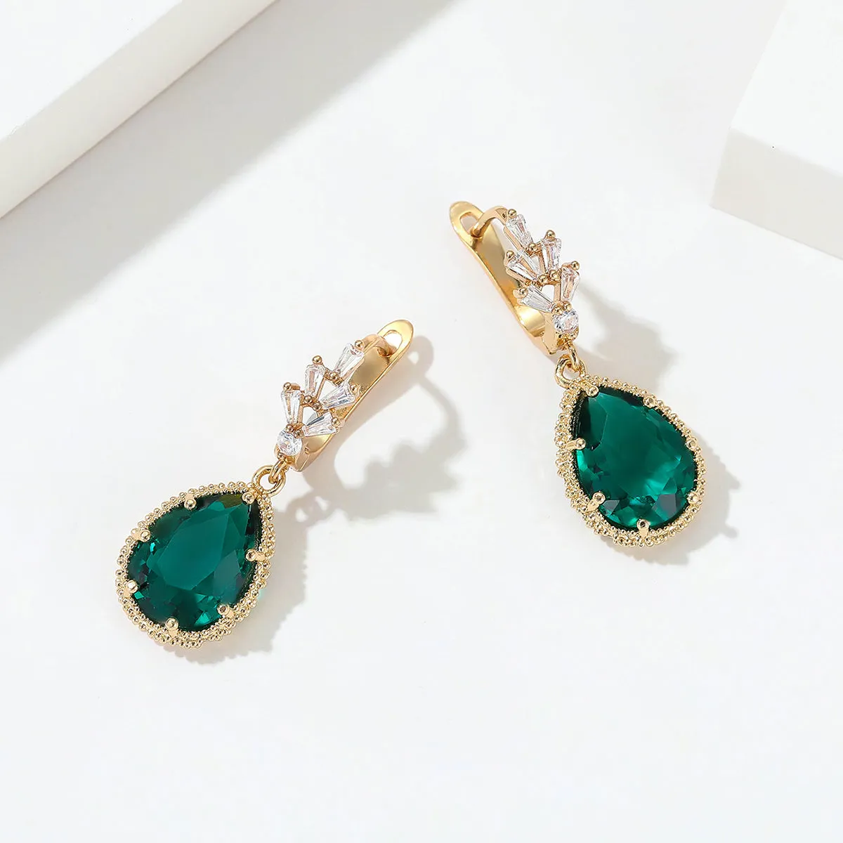 Green Crystal & Cubic Zirconia Drop Huggie Earring