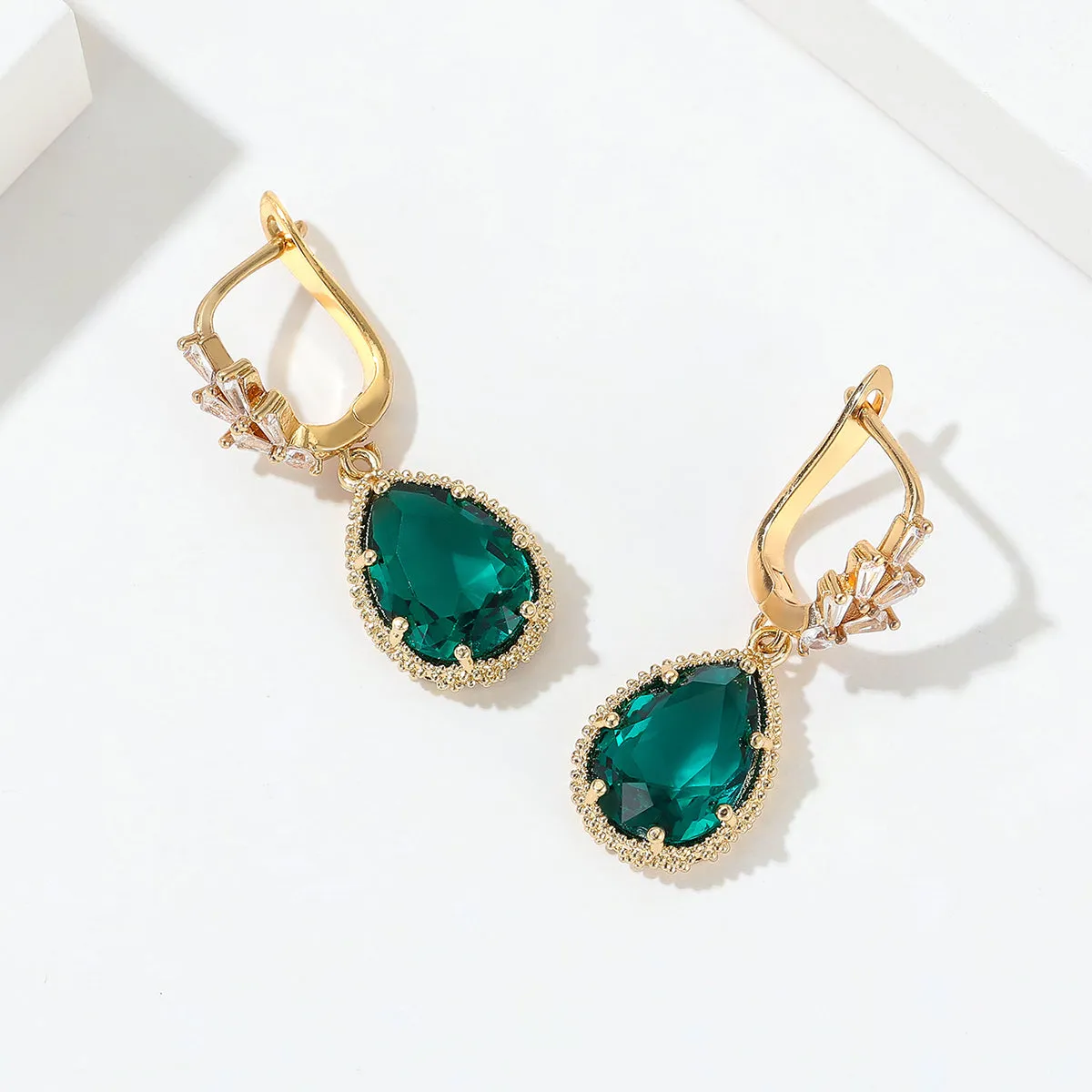 Green Crystal & Cubic Zirconia Drop Huggie Earring