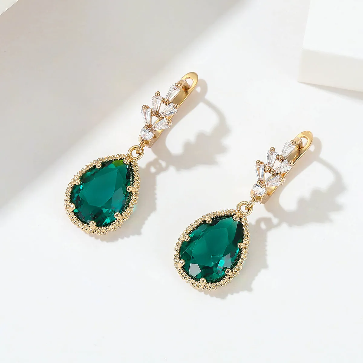 Green Crystal & Cubic Zirconia Drop Huggie Earring