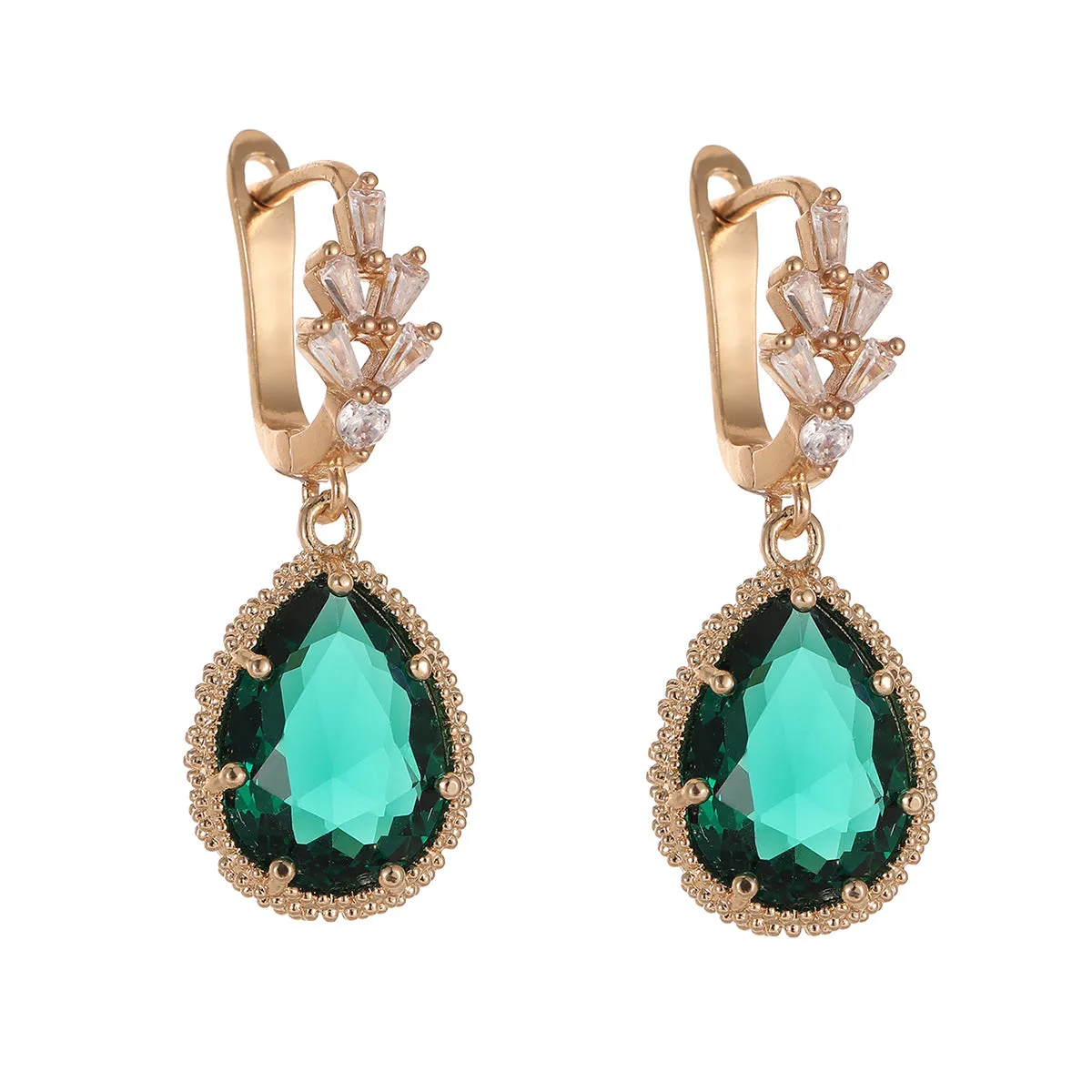 Green Crystal & Cubic Zirconia Drop Huggie Earring