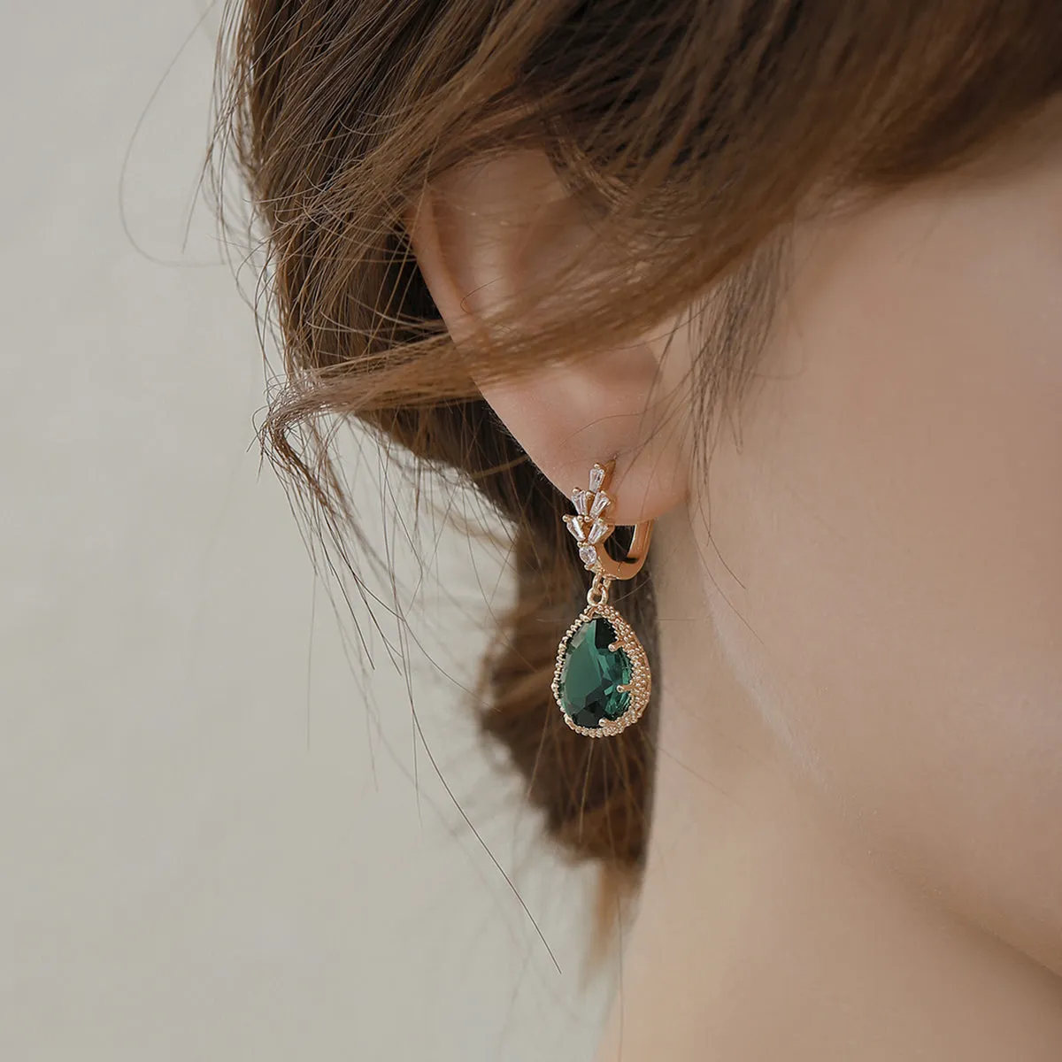 Green Crystal & Cubic Zirconia Drop Huggie Earring