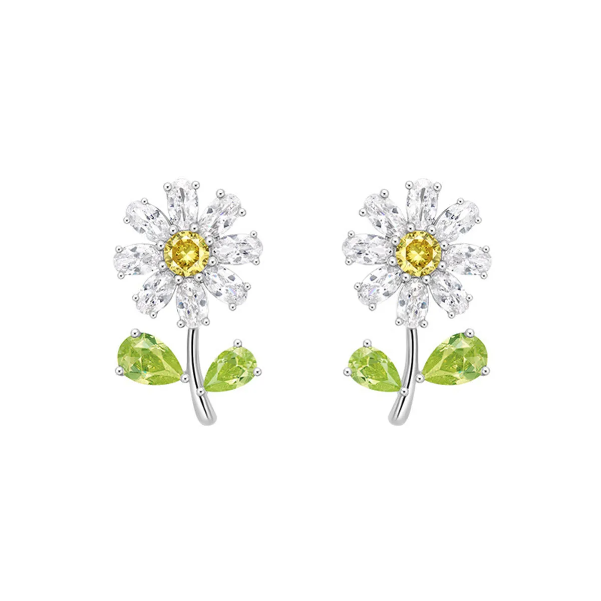 Green Crystal & Silver-Plated Flower Stud Earrings