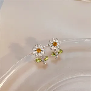 Green Crystal & Silver-Plated Flower Stud Earrings