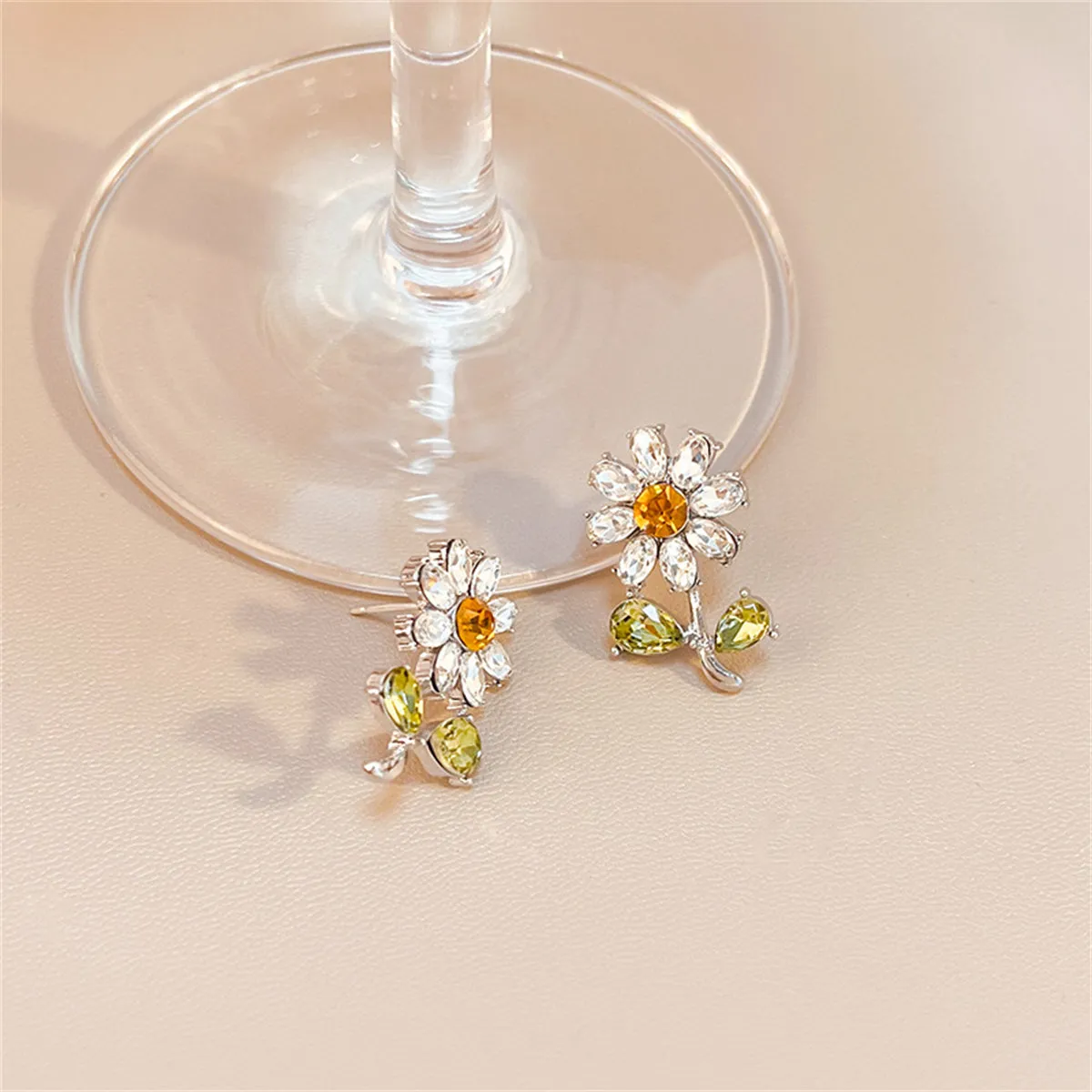 Green Crystal & Silver-Plated Flower Stud Earrings