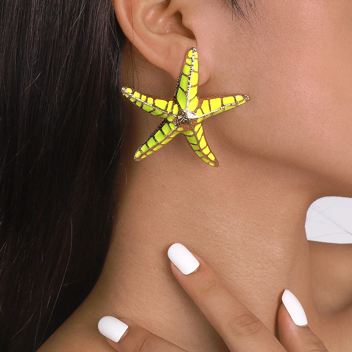 Green Enamel & 18K Gold-Plated Starfish Stud Earrings