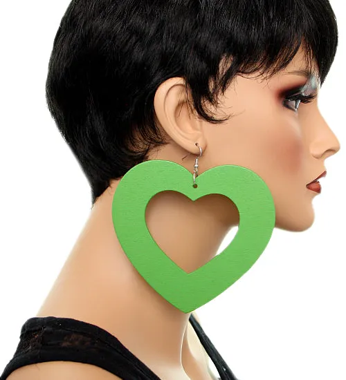 Green Gigantic Big Heart Earrings