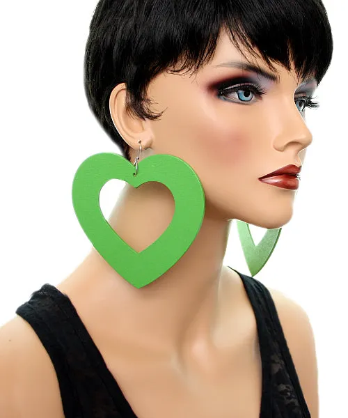 Green Gigantic Big Heart Earrings