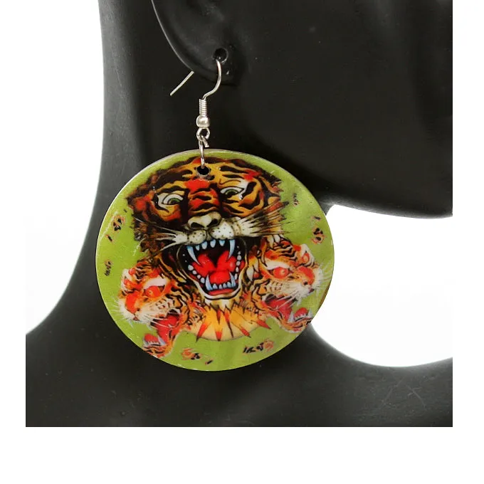Green Iridescent Tiger Roar Shell Earrings