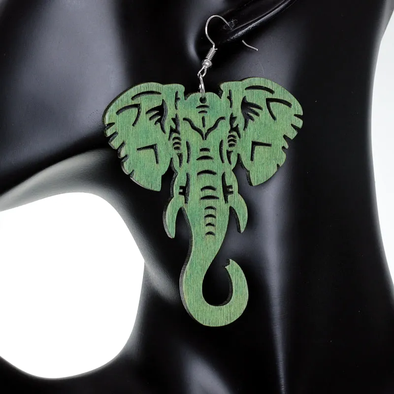 Green Large Elephant Trunk Wooden Earrings