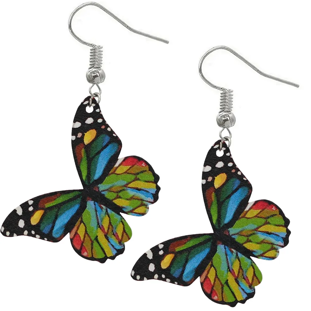 Green Multicolor Butterfly Wooden Mini Earrings