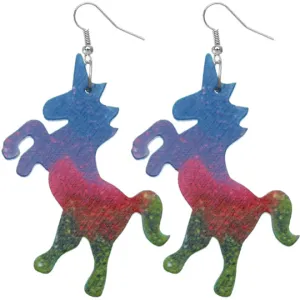 Green Multicolor Wooden Standing Unicorn Earrings