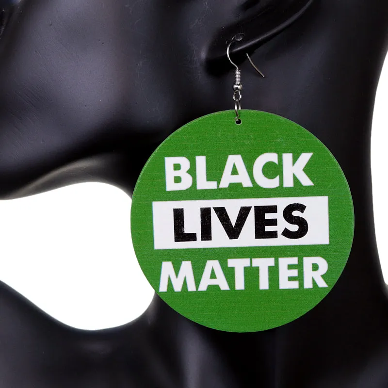 Green Wooden Black Lives Matter Round Earrings